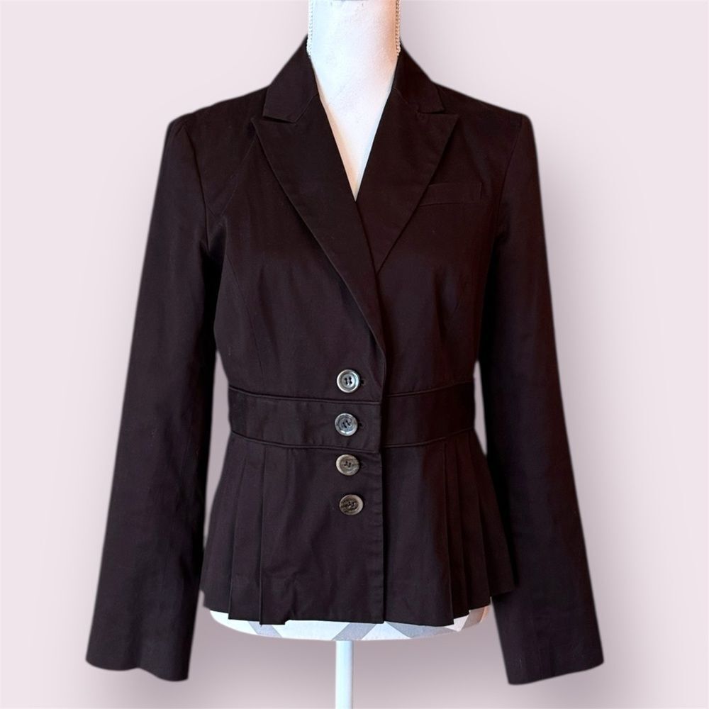 BANDOLINO Stretch 2000s Chocolate Brown PleatedPeplum Jacket Fitted Button Front